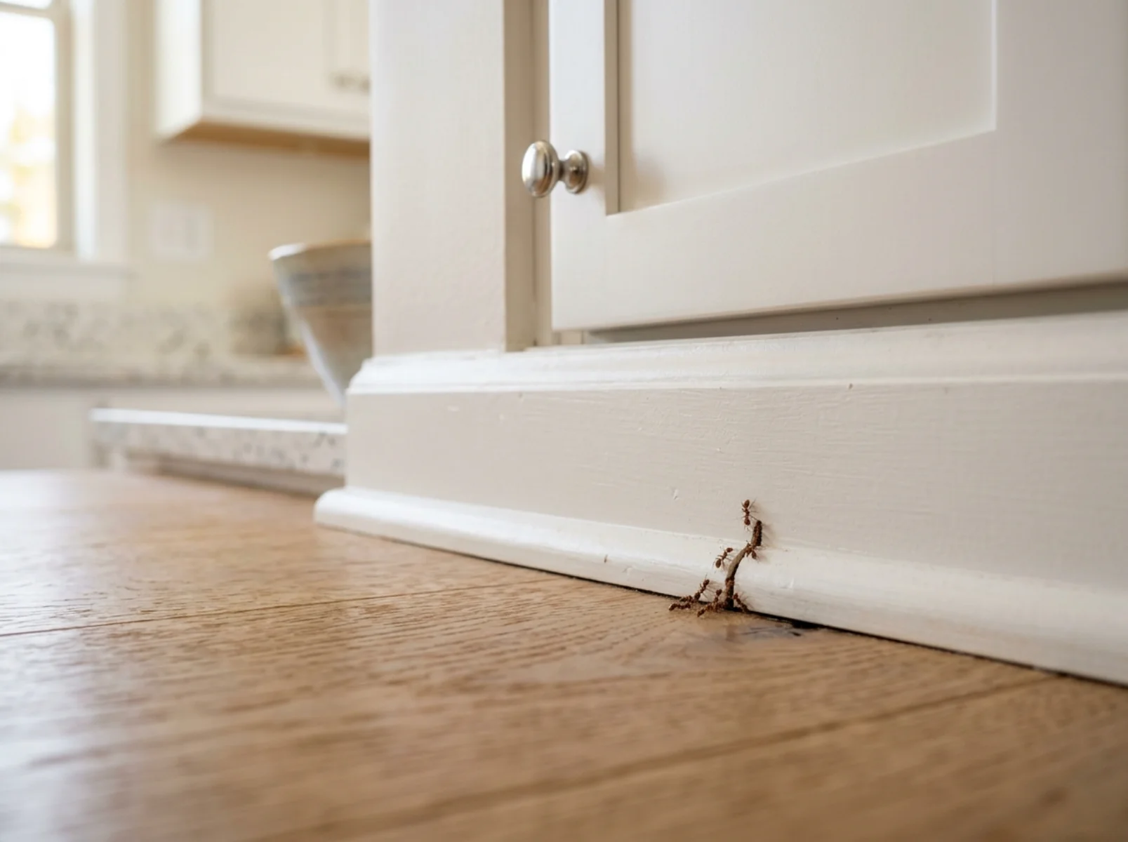 Close-up of an ant entry point along a home's exterior siding and foundation