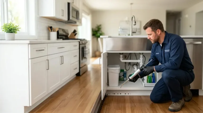 Cockroach control service being carried out in a home kitchen