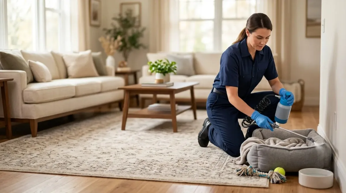 Flea treatment applied to carpet and pet resting areas