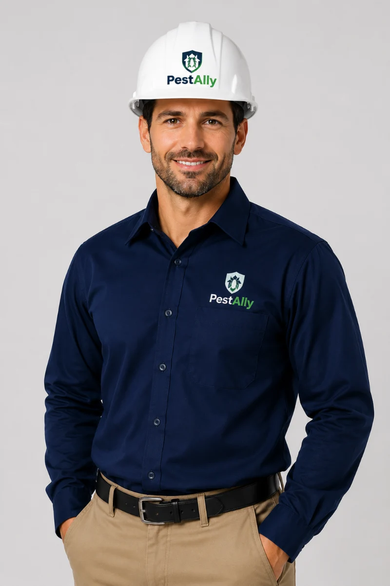 PestAlly-connected male pest control technician identifying rodent signs