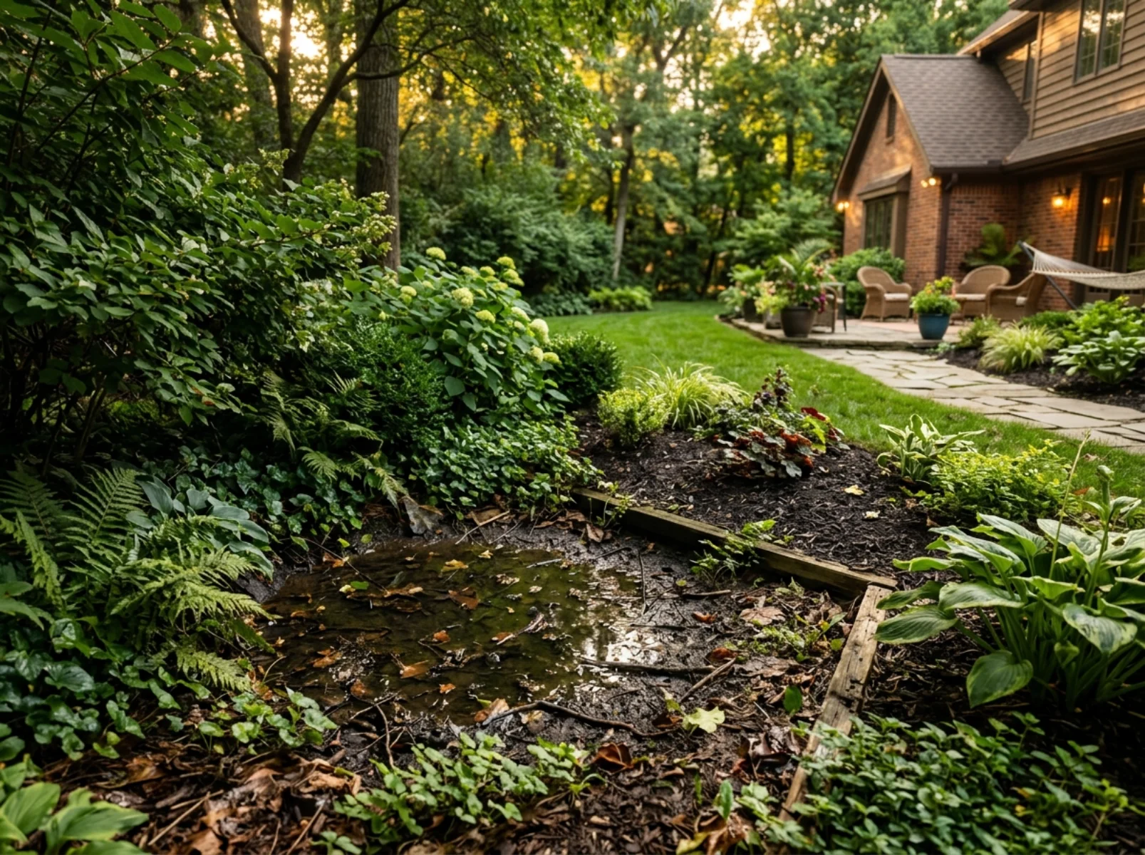 Standing water mosquito breeding area in a yard