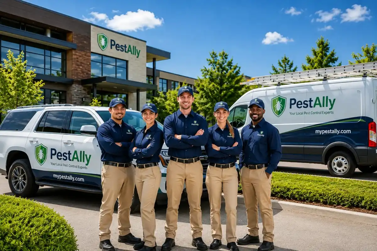 Pest control technician meeting a homeowner outside a house in Largo, Florida