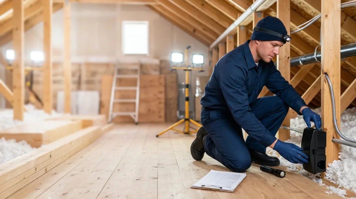 Rodent control technician sealing an entry point on a home