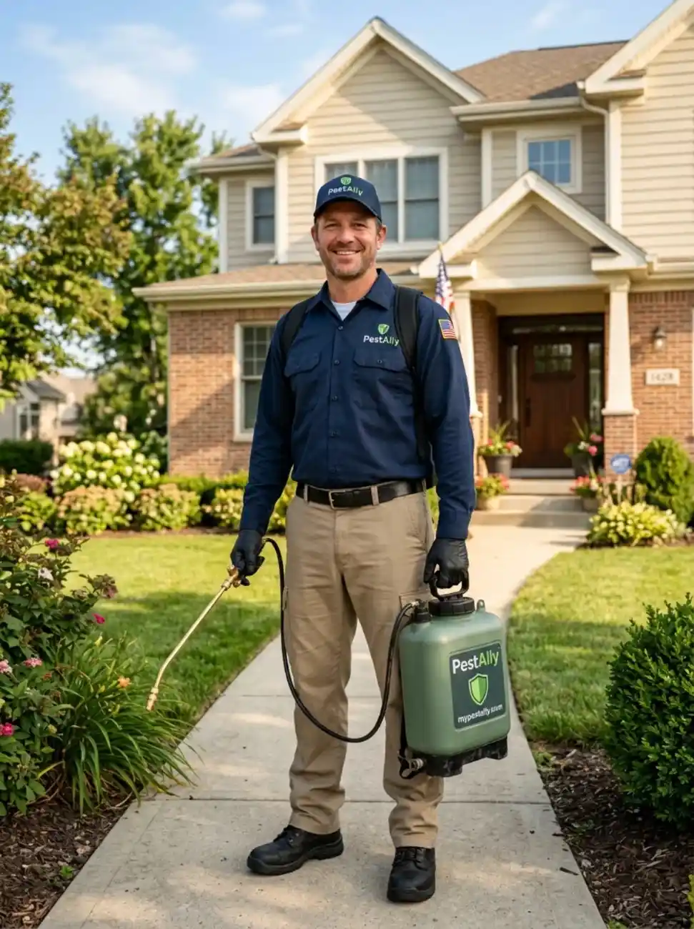 Licensed exterminator treating the perimeter of a Largo, Florida home