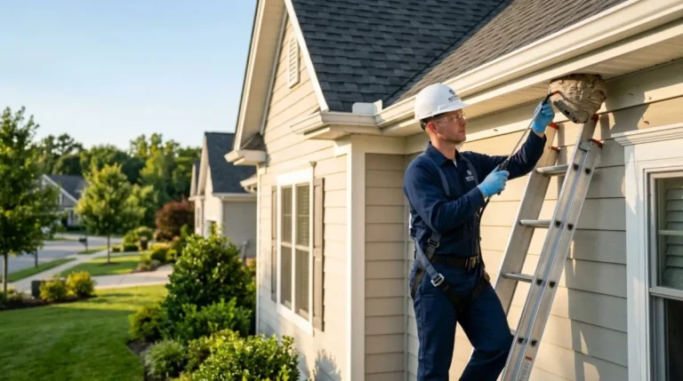 Wasp nest removal from the eaves of a house
