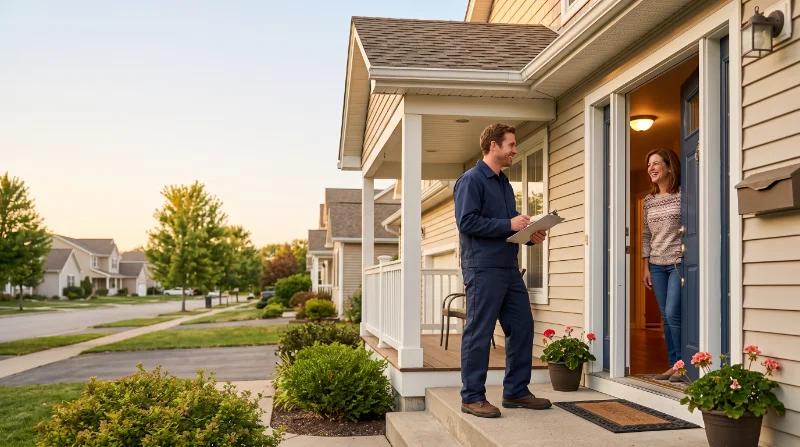 Homeowner speaking with a local pest control contractor connected through PestAlly