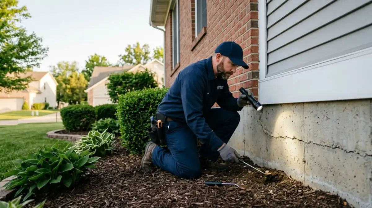 Home exterior foundation being inspected for pest entry points