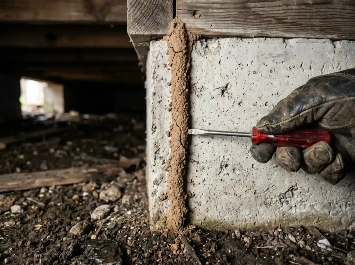 Pest control technician inspecting a home's foundation for subterranean termite activity